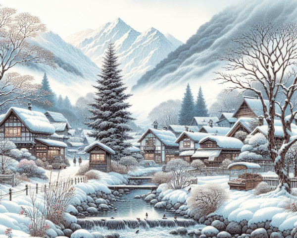 Serene Winter Village Scene with Snowy Landscape