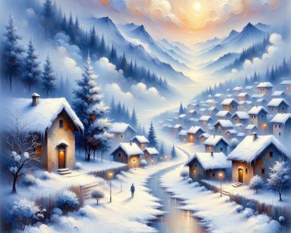 Winter Landscape with Snowy Houses and Mountains