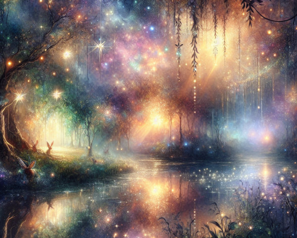 Mystical forest with glowing orbs and fairies