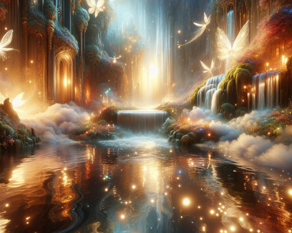 Fantasy Landscape with Waterfalls and Ethereal Elements