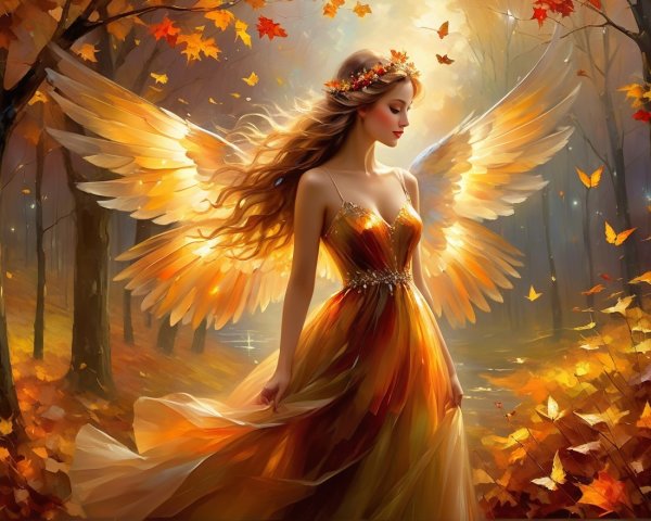Ethereal Figure in Golden Autumn Forest Setting