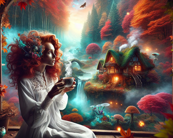 Serene Autumn Scene with Woman by Window and Cottage