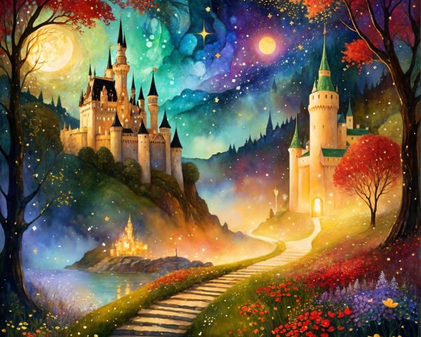Majestic Castles in a Starry Night Landscape