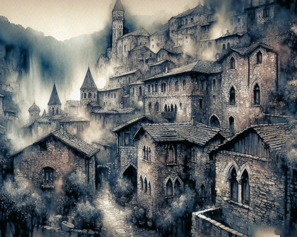 Medieval Village with Stone Houses in Misty Valley