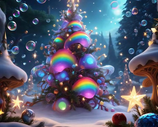 Magical Christmas Night Scene with Colorful Ornaments