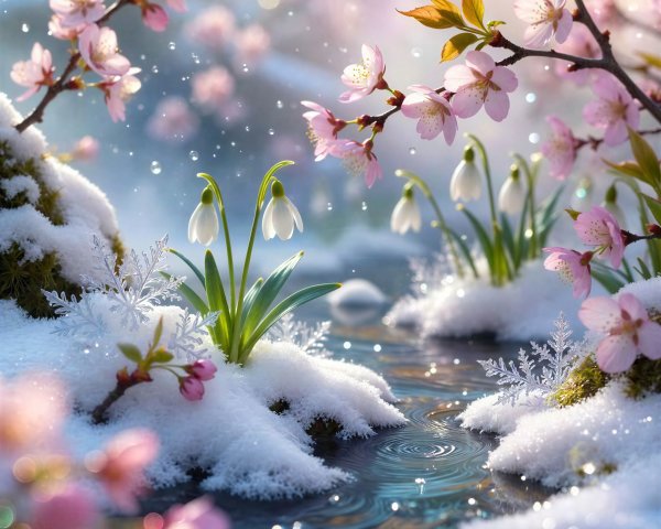 Macro Photography of Spring Blossoms and Snow