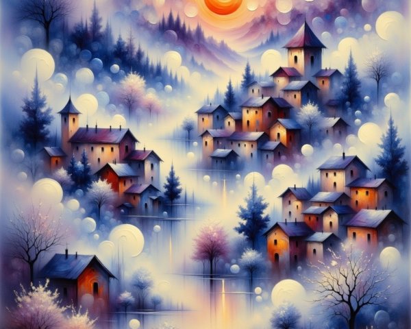 Whimsical Winter Landscape with Quaint Village and Blossoms