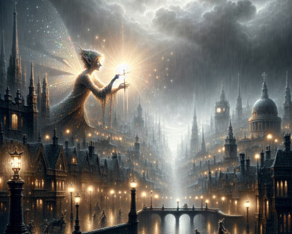 Mystical Cityscape with Gothic Architecture and Fairy