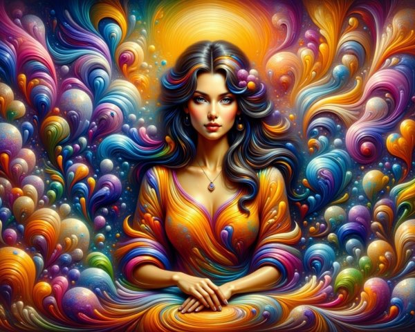 Portrait of a woman with vibrant hair and colorful patterns