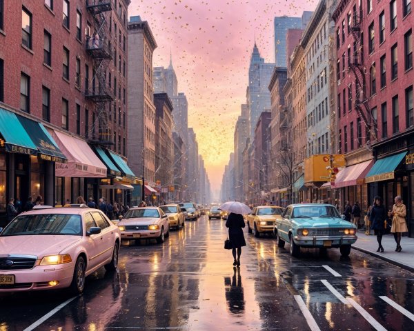 Vibrant city street at sunset with reflections and colors