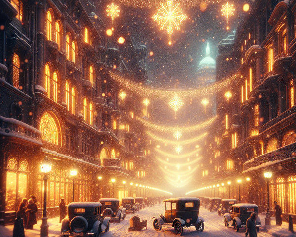 Winter Street Scene with Snow and Festive Lights