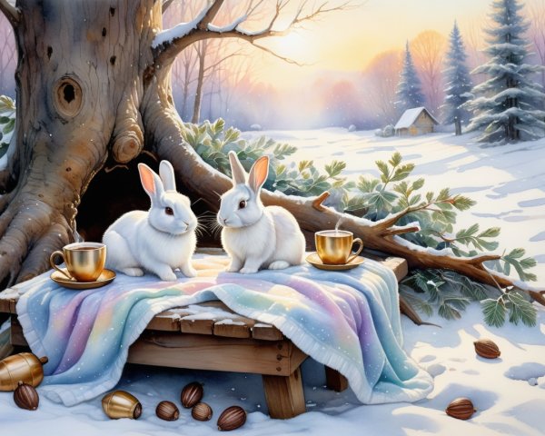 Winter Landscape with Rabbits and Cozy Cabin Setting