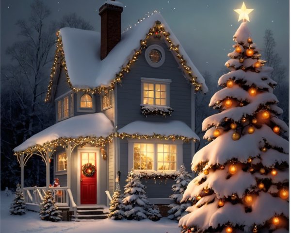 Two-Story Gray House with Christmas Lights in Snow