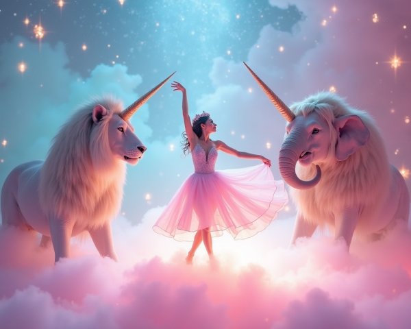 Ballerina Dances Among Unicorns in Dreamy Landscape