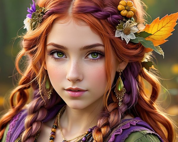 Young girl with green eyes and auburn hair in autumn