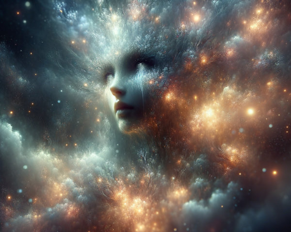 Celestial Figure Surrounded by Cosmic Nebulae and Stars