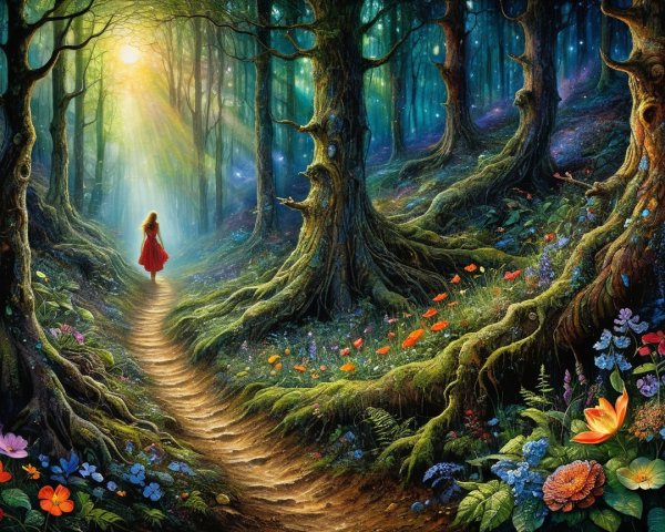 Young girl in red cloak walks through vibrant forest path
