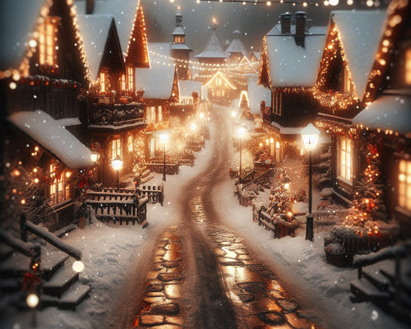 Winter Village with Holiday Lights and Snow Decorations