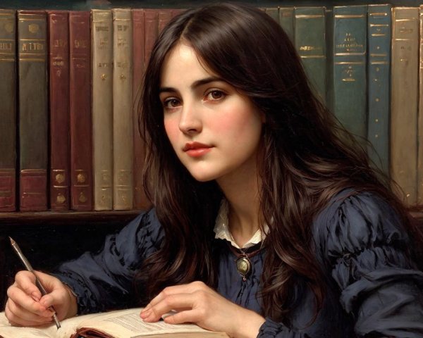 Young woman reading at a wooden table in a library