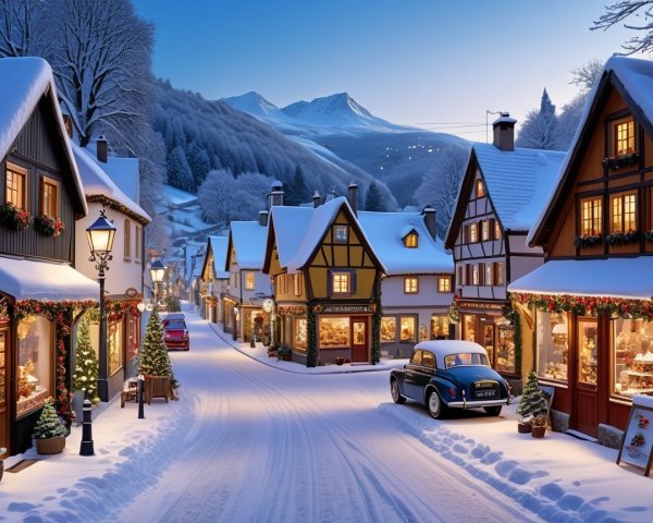 Winter Village with Snowy Houses and Festive Lights