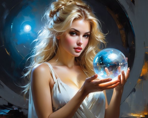 Blonde Woman Gazing at Crystal Ball in Enigmatic Setting