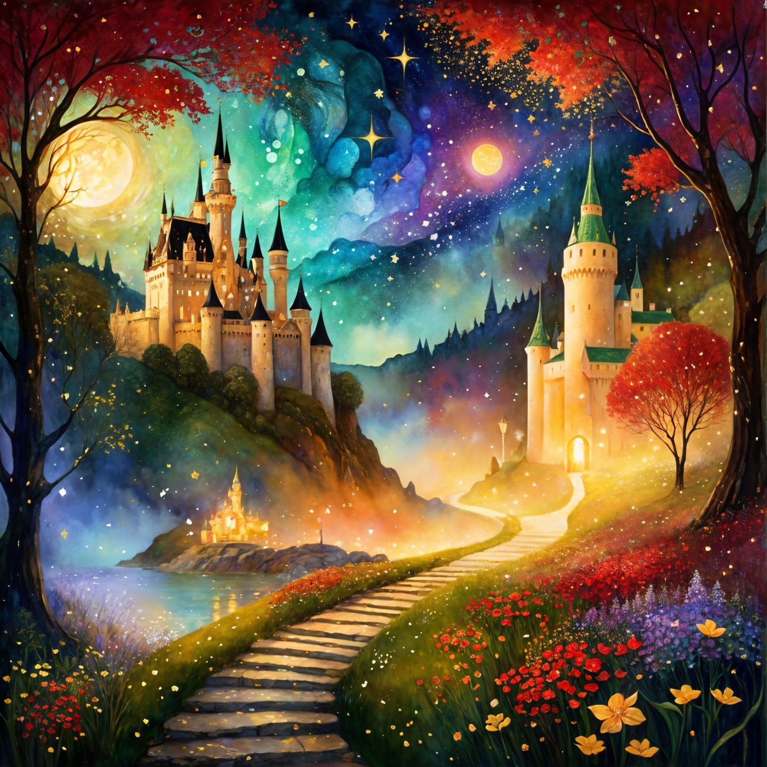 Majestic Castles in a Starry Night Landscape