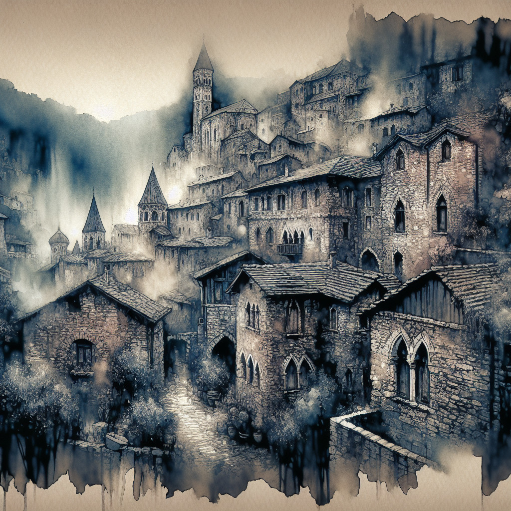 Medieval Village with Stone Houses in Misty Valley