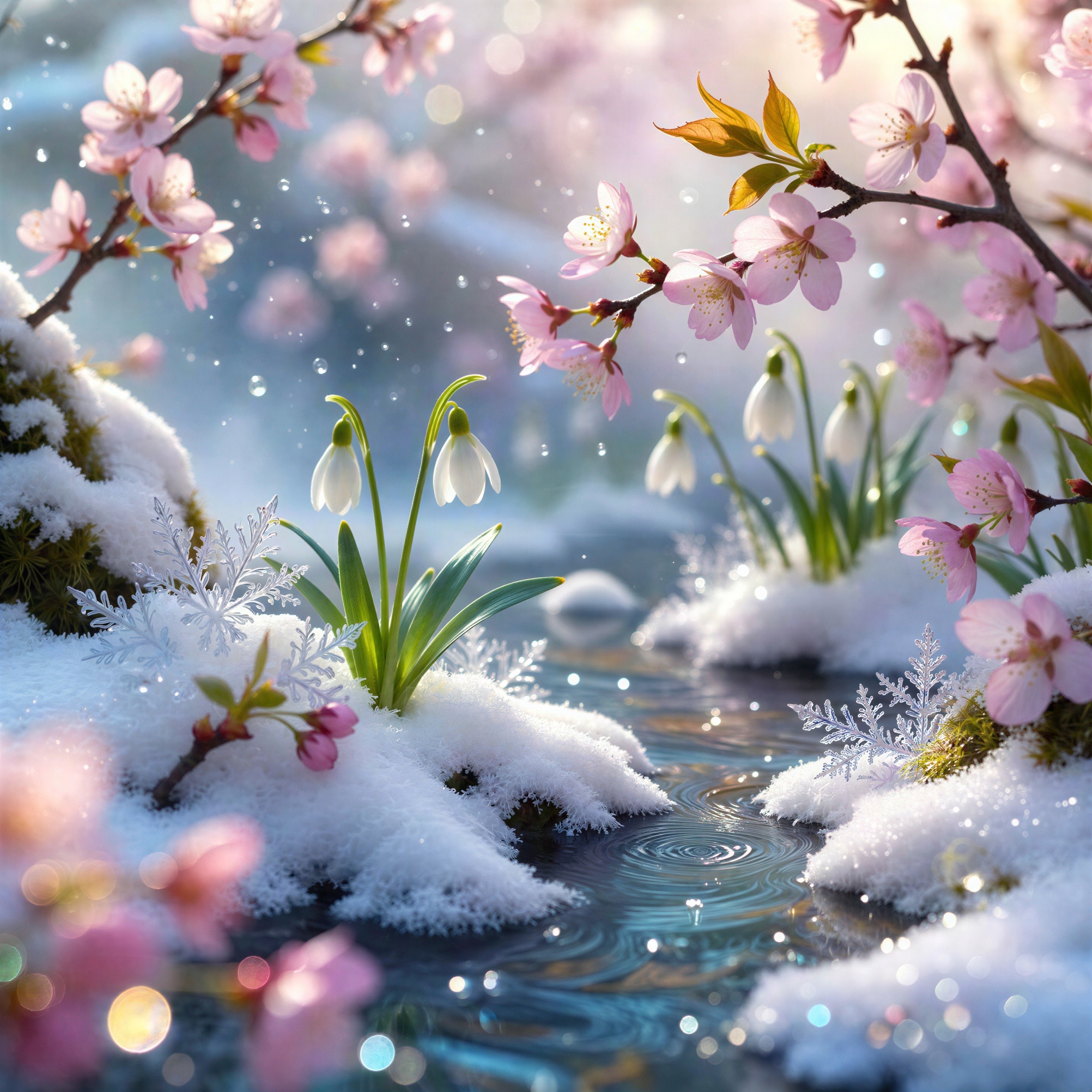 Macro Photography of Spring Blossoms and Snow