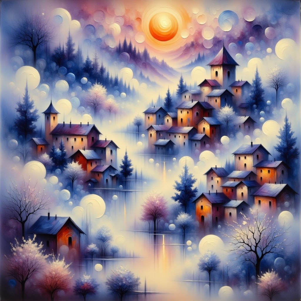Whimsical Winter Landscape with Quaint Village and Blossoms