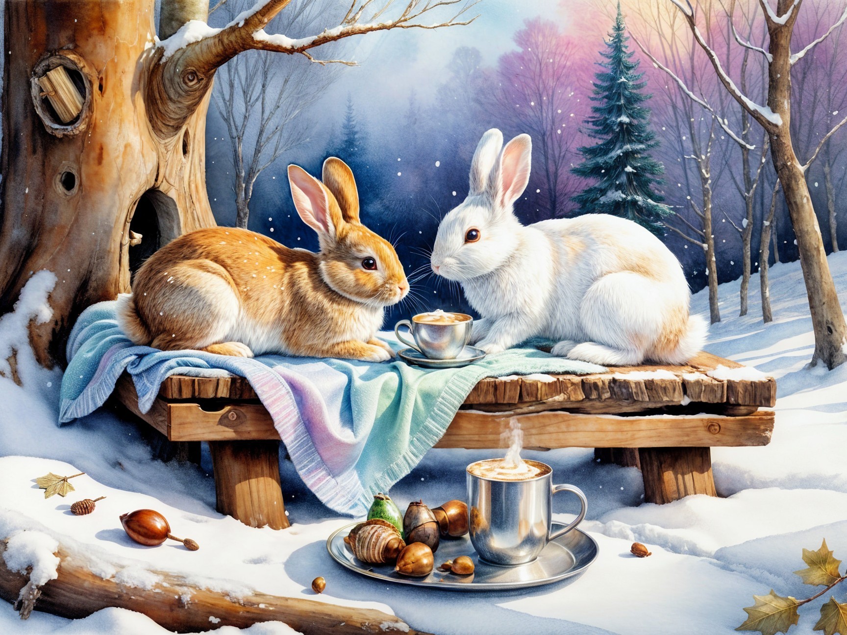 Rabbits in a Winter Forest Setting with Cozy Elements