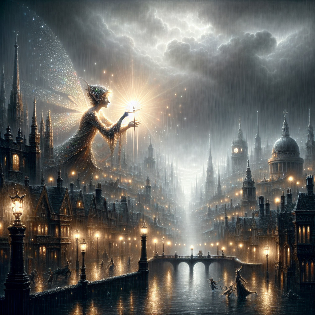 Mystical Cityscape with Gothic Architecture and Fairy
