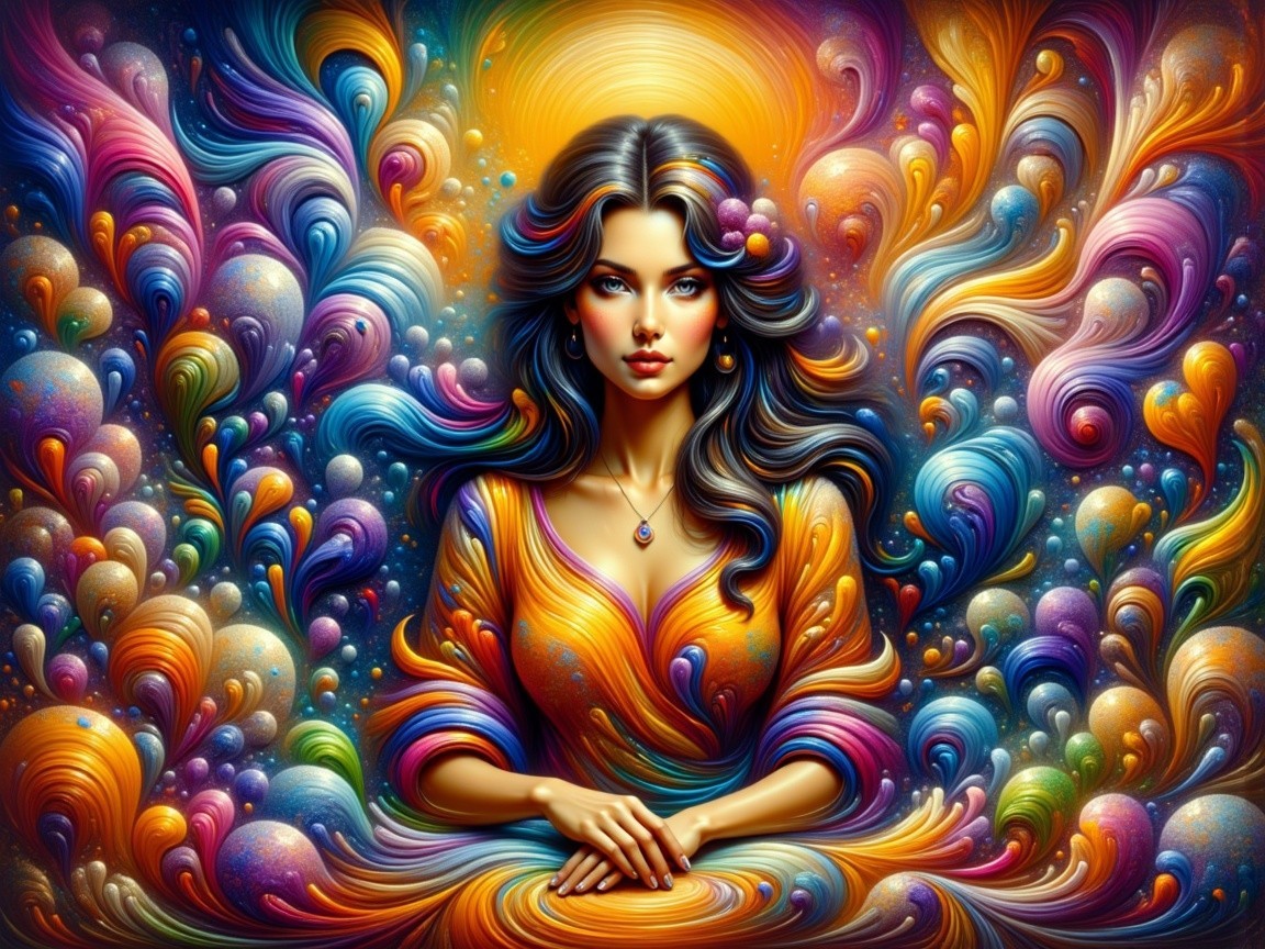 Portrait of a woman with vibrant hair and colorful patterns