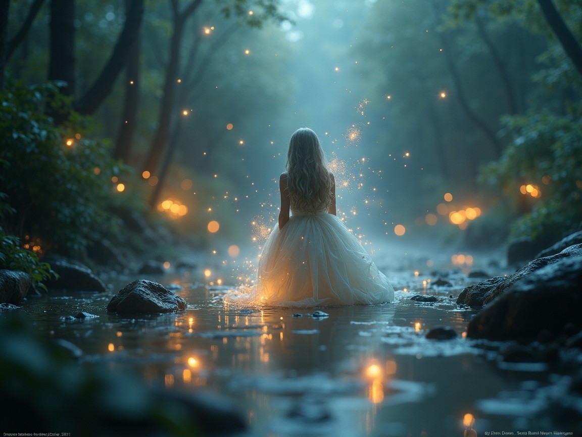 Ethereal Scene of Girl in Misty Forest by Stream
