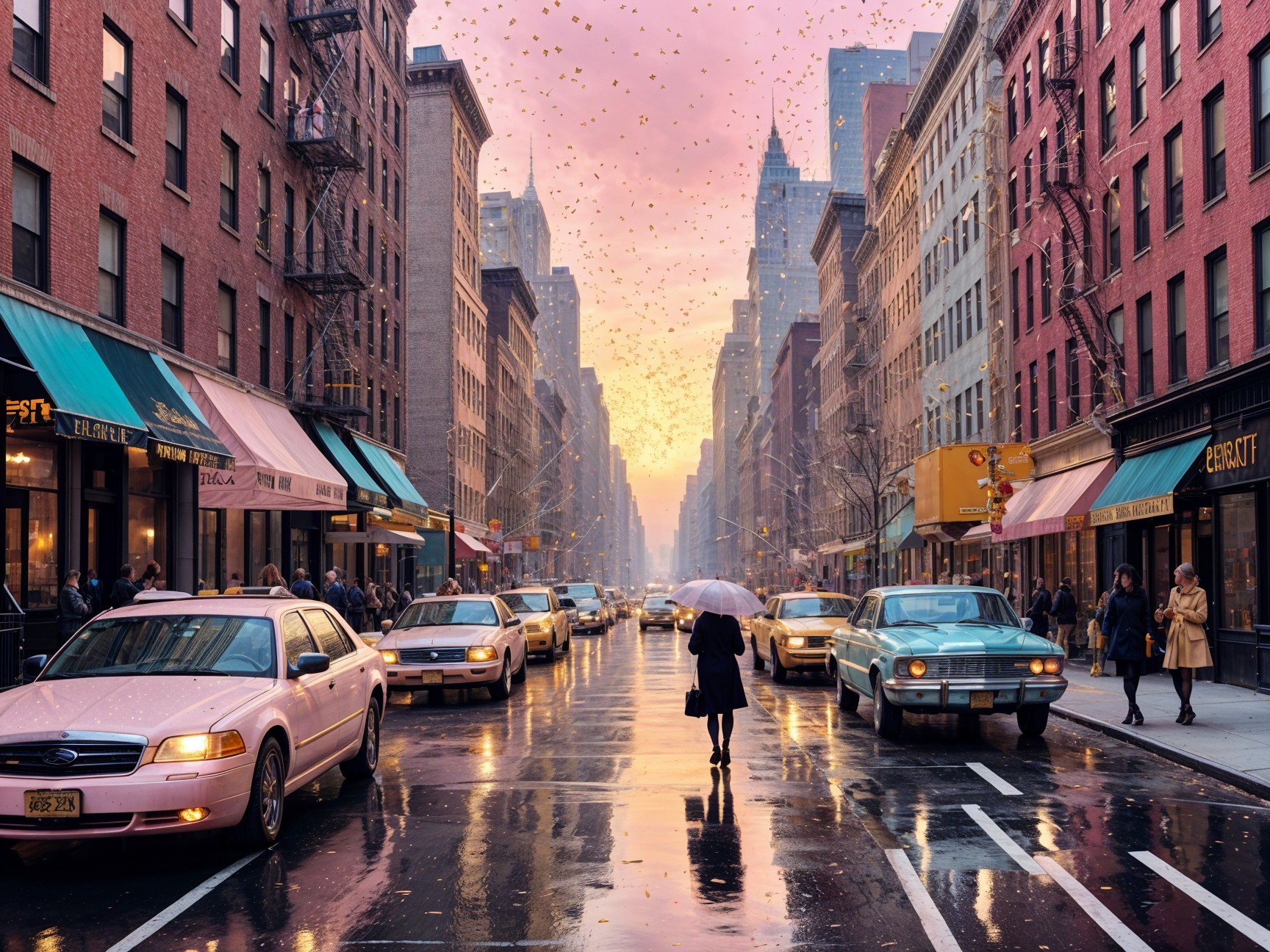 Vibrant city street at sunset with reflections and colors