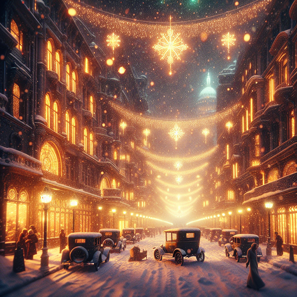 Winter Street Scene with Snow and Festive Lights