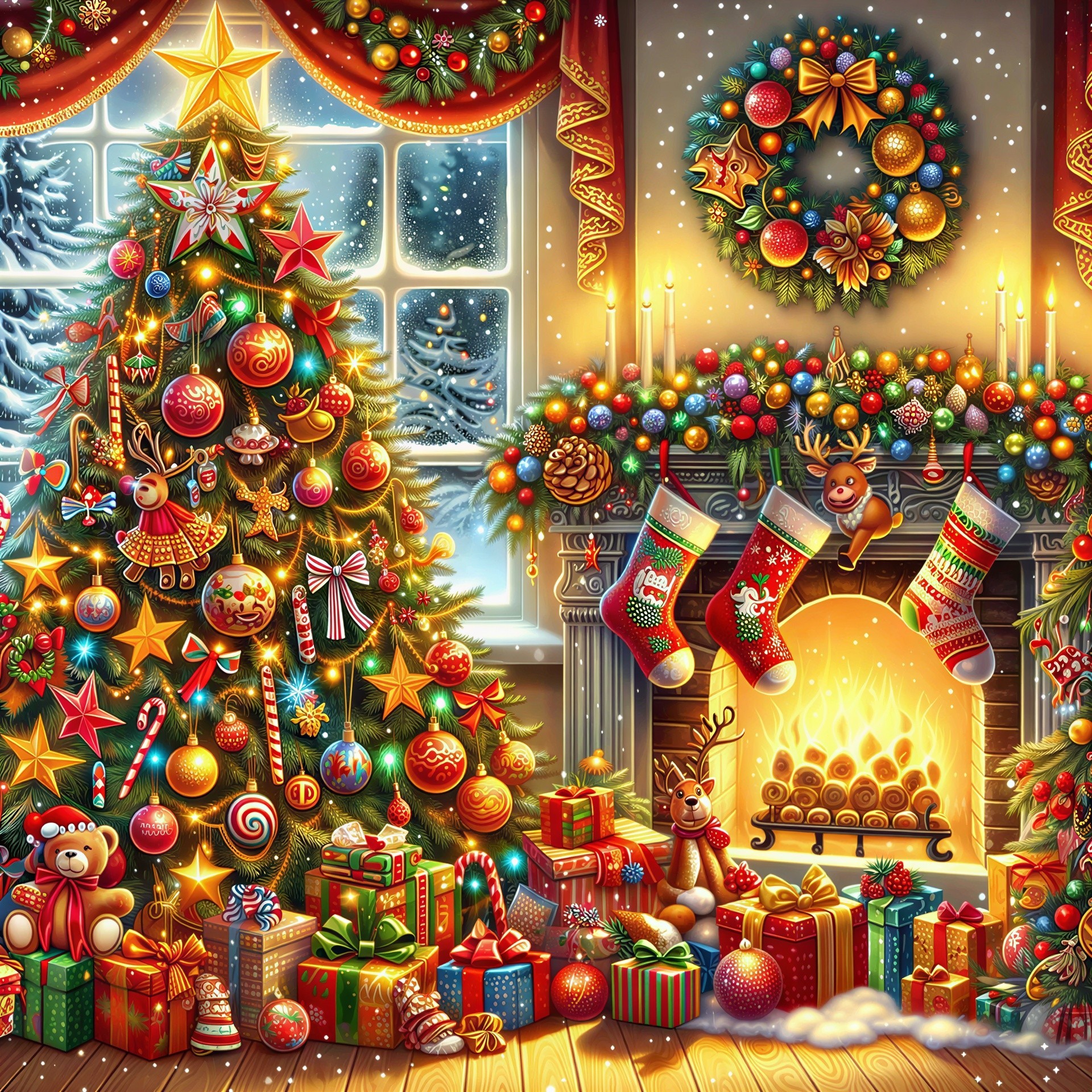 Intricate Indoor Christmas Scene with Decorated Tree
