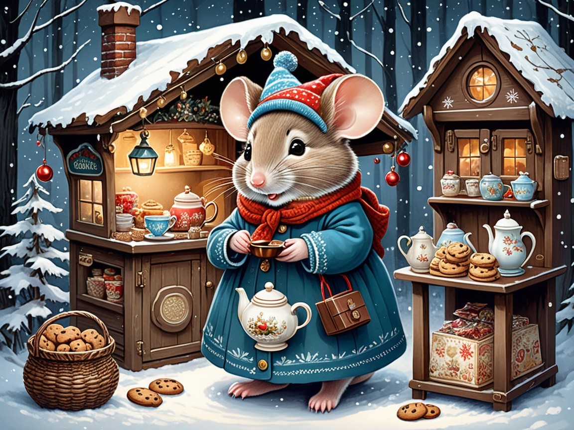 Whimsical Mouse in Snowy Forest with Festive Stall