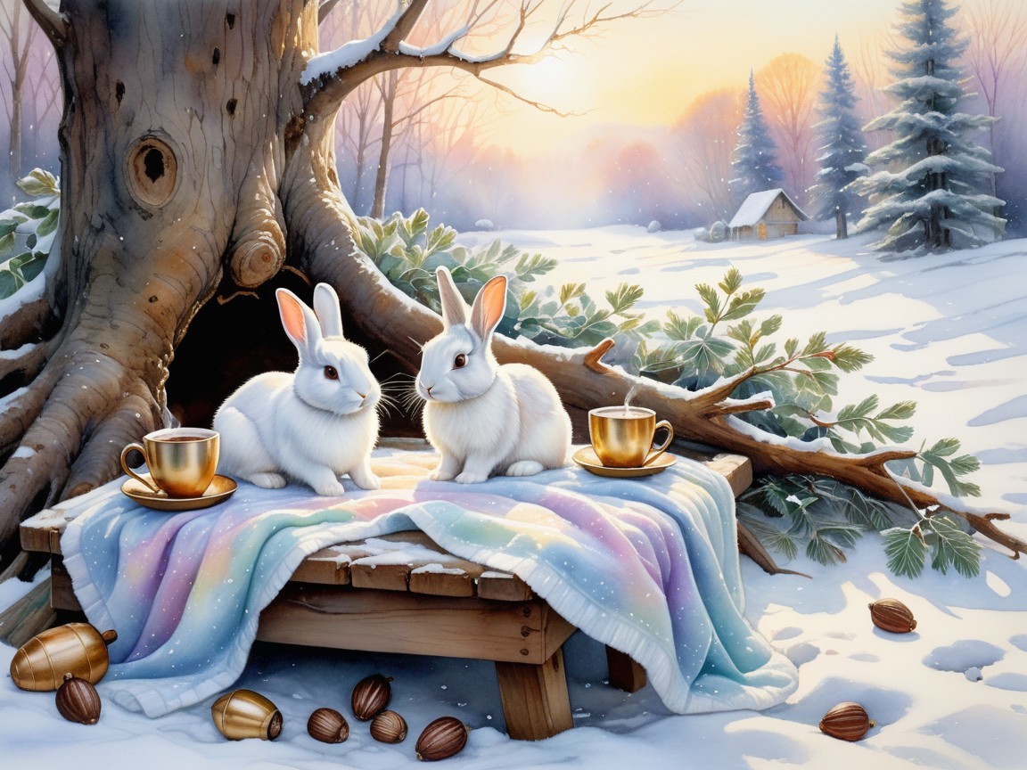 Winter Landscape with Rabbits and Cozy Cabin Setting