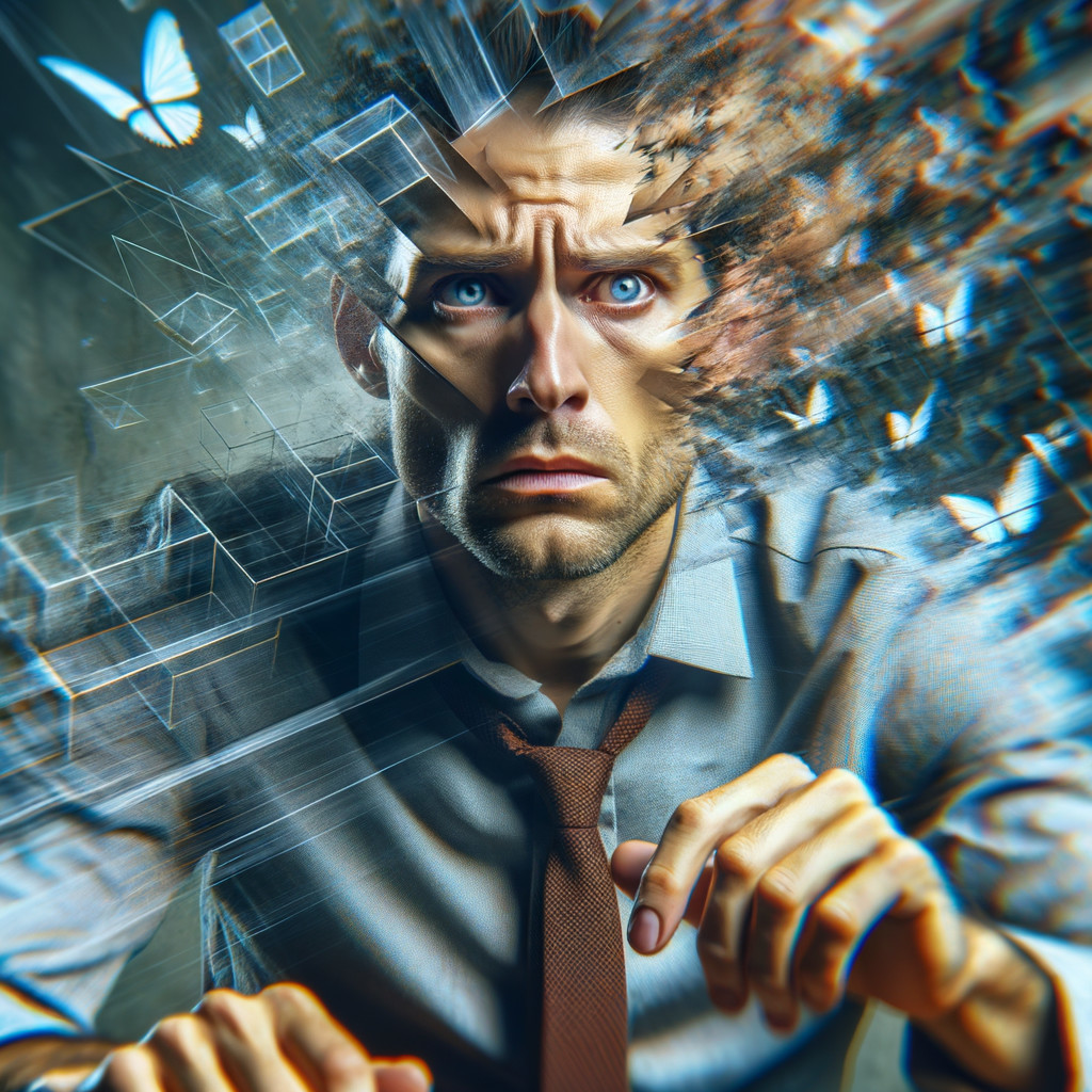 Distressed Man in Business Attire Amid Surreal Chaos
