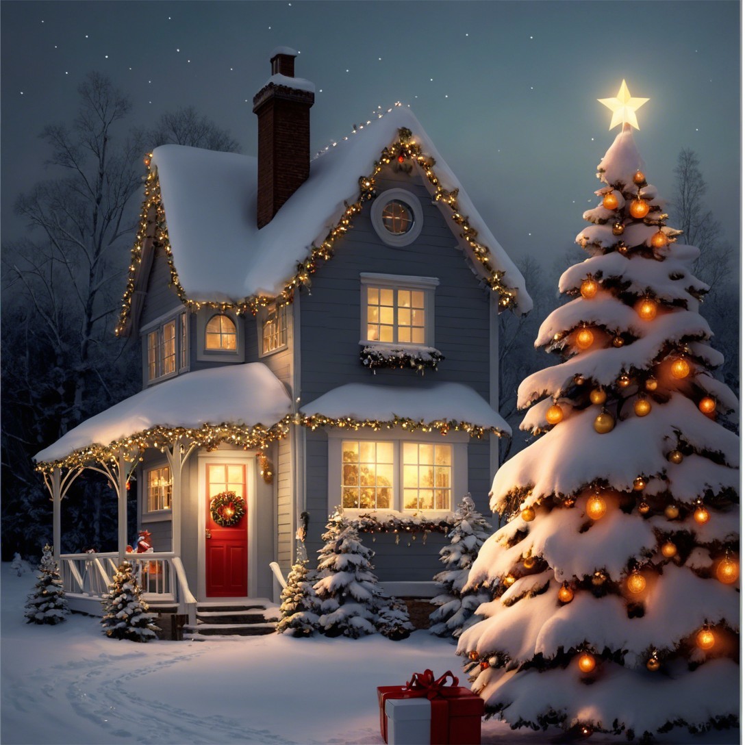 Two-Story Gray House with Christmas Lights in Snow