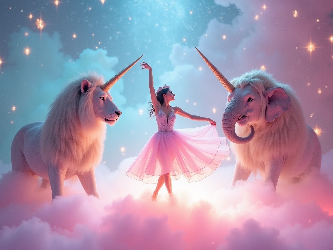 Ballerina Dances Among Unicorns in Dreamy Landscape