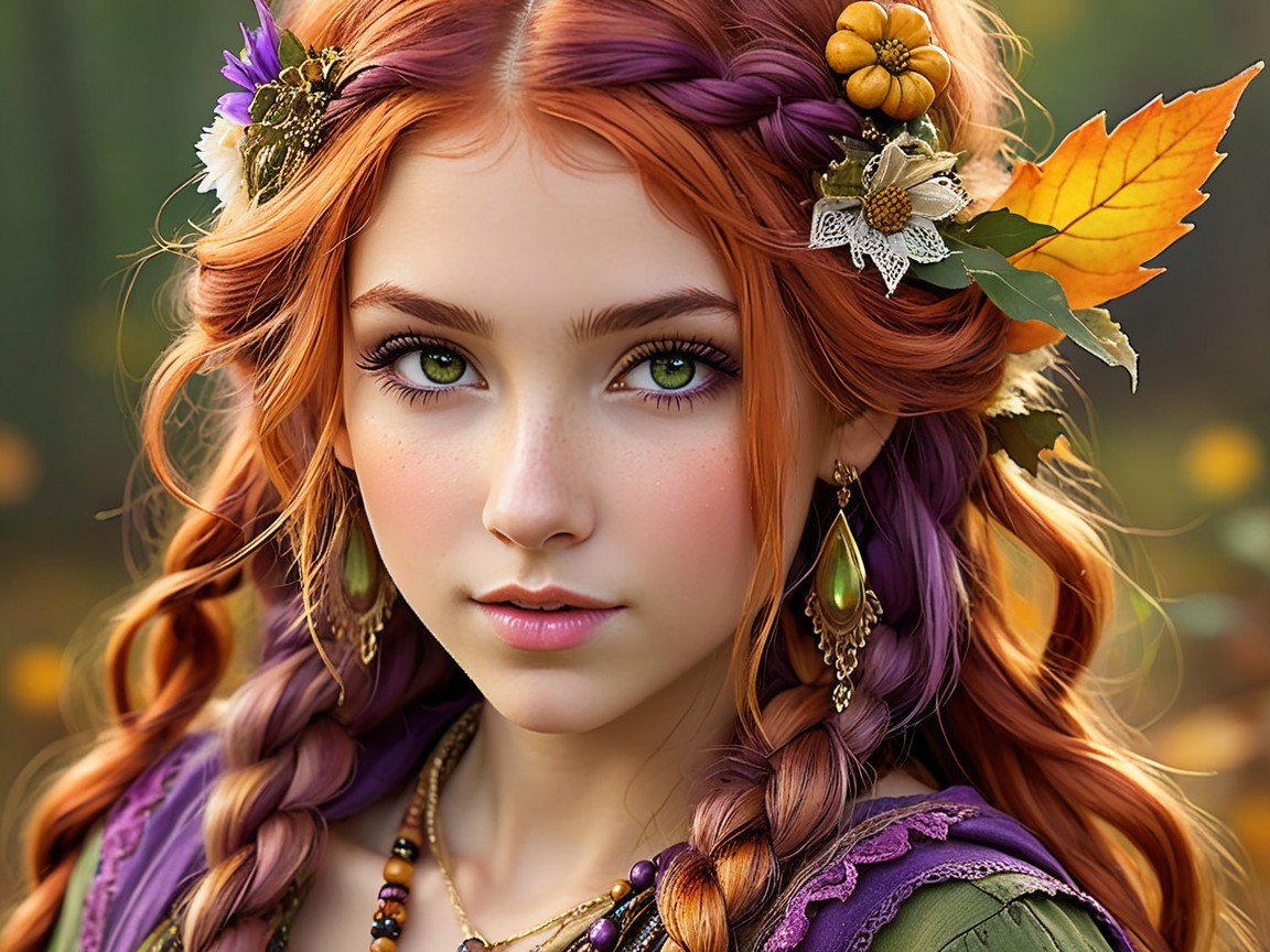 Young girl with green eyes and auburn hair in autumn