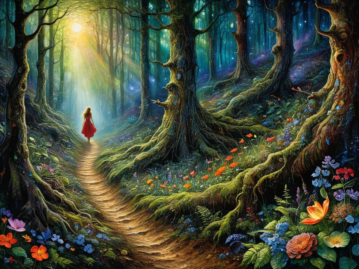 Young girl in red cloak walks through vibrant forest path