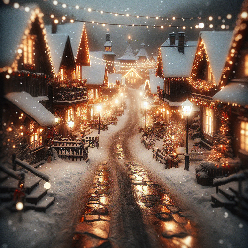 Winter Village with Holiday Lights and Snow Decorations