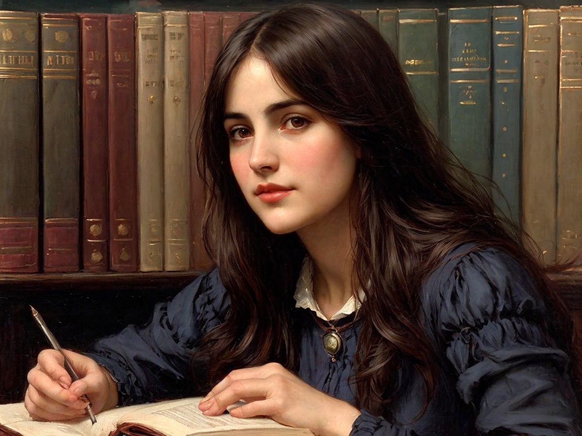 Young woman reading at a wooden table in a library