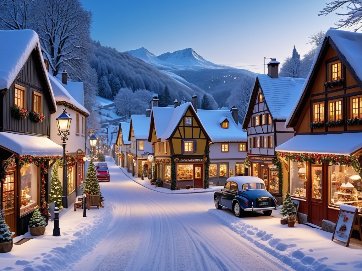 Winter Village with Snowy Houses and Festive Lights