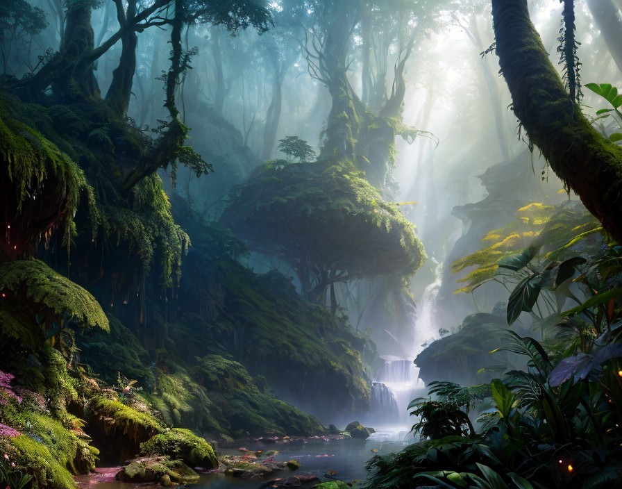 Mystical Forest with Ethereal Light and Waterfall