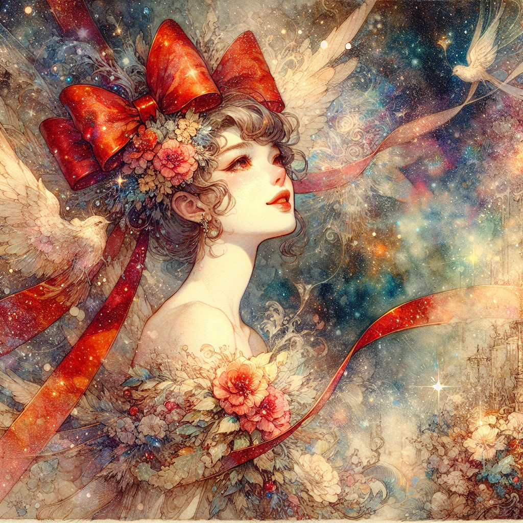 Whimsical figure with wings and vibrant floral details