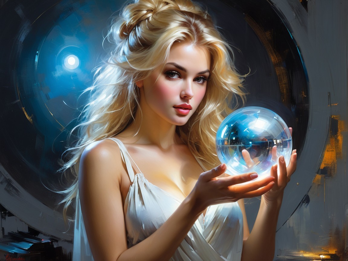 Blonde Woman Gazing at Crystal Ball in Enigmatic Setting
