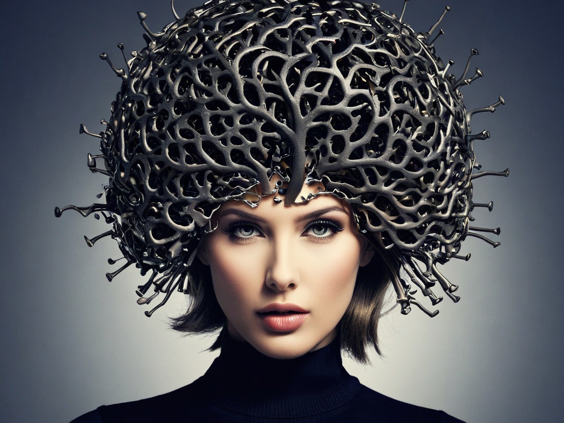 Portrait of a Woman with a Metallic Brain-Inspired Headpiece